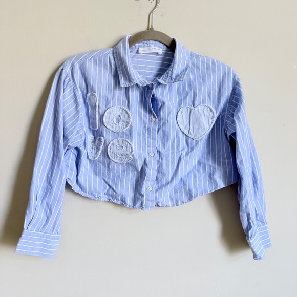 Zara Other - Zara Girls Blue White Striped Cropped Button Up Shirt Love Heart Patch Sz 11-12